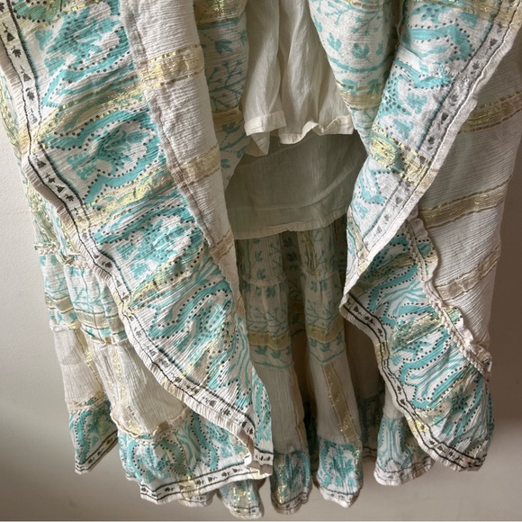 Soft Surroundings Aegean Tiered Boho Maxi Dress Metallic Gold Aqua Blue Cream M - Picture 10 of 11